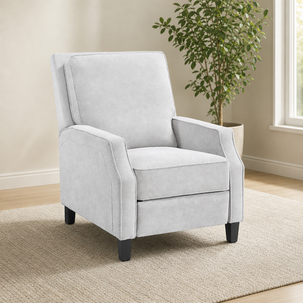 Inez Push Back Chair, Light Grey centered in a warm neutral furnished room
