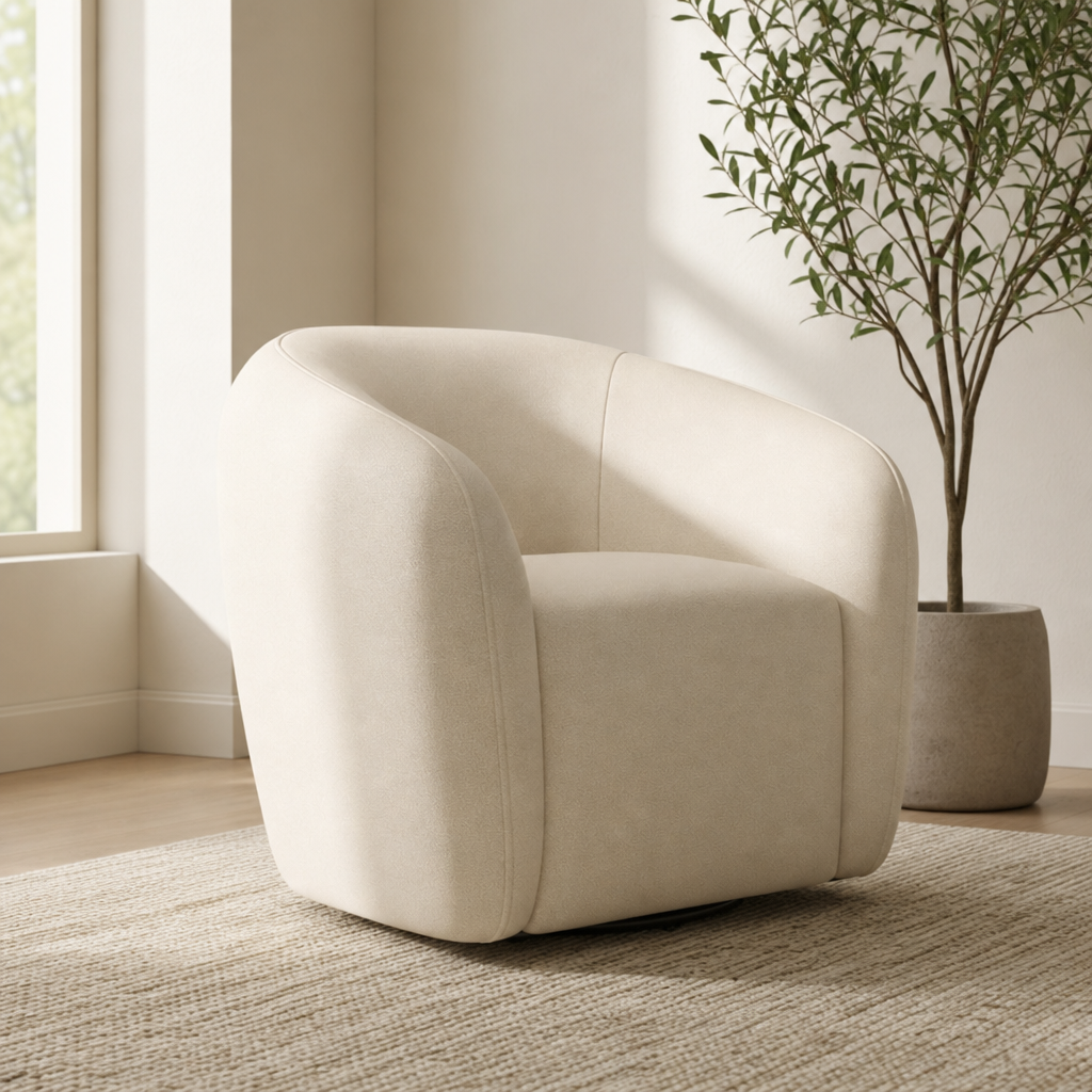 Margo Swivel Chair, Ivory Cream centered in a warm neutral furnished room