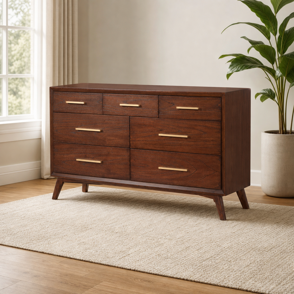 Arden 7 Drawer Dresser, Walnut centered in a warm neutral furnished room
