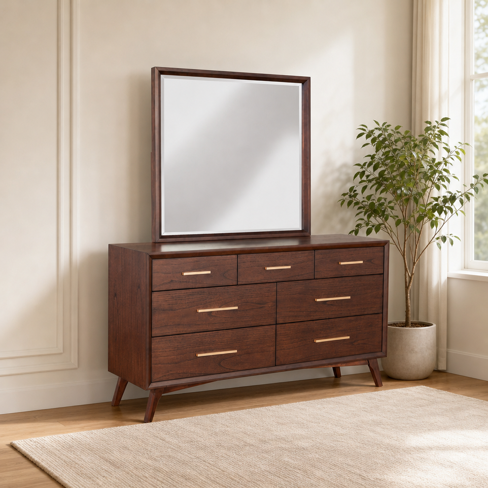 Arden Dresser Mirror, Walnut centered in a warm neutral furnished room