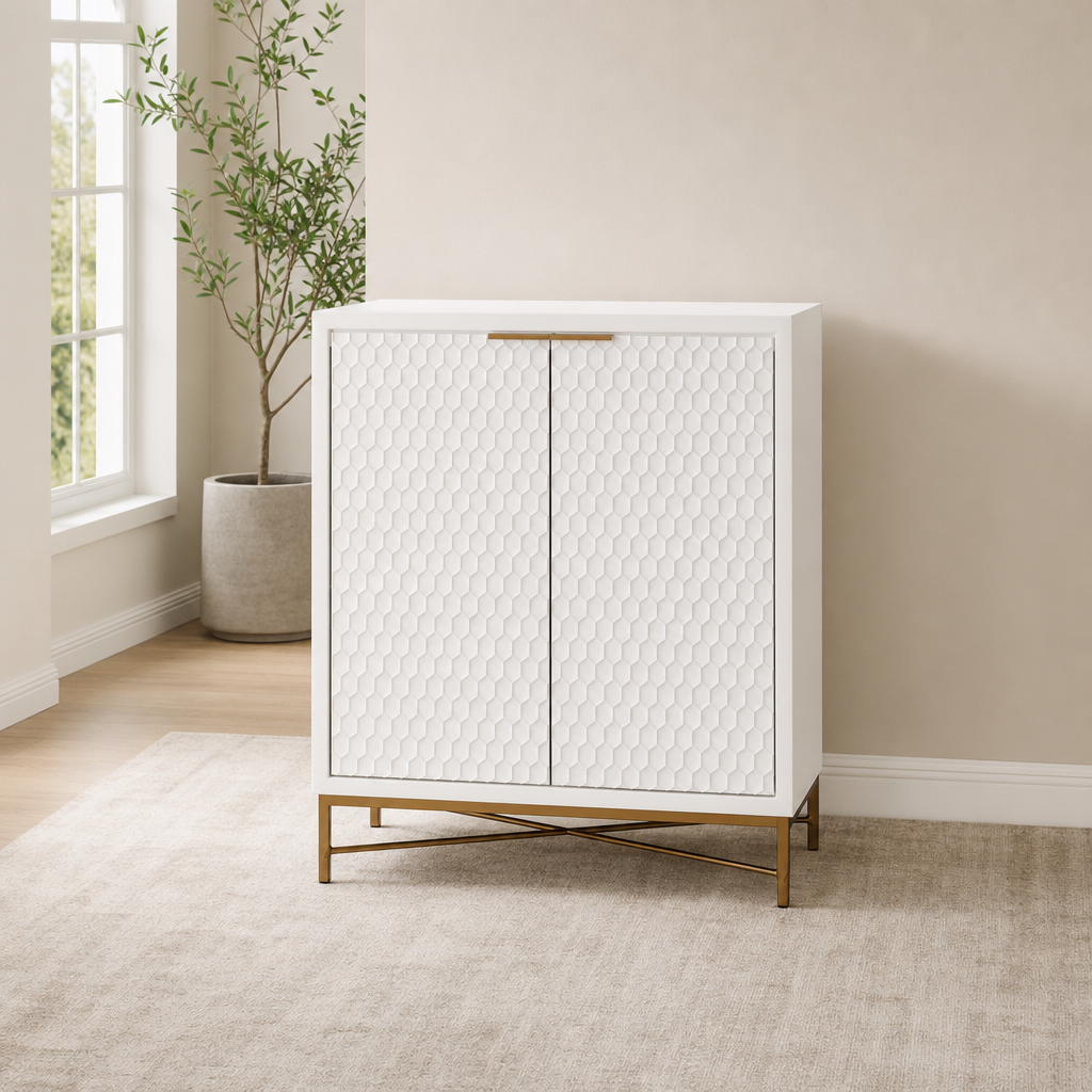White Pearl Bar Cabinet centered in a warm neutral furnished room
