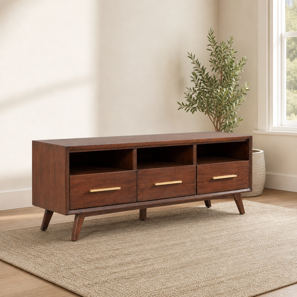 Arden TV Console, Walnut centered in a warm neutral furnished room