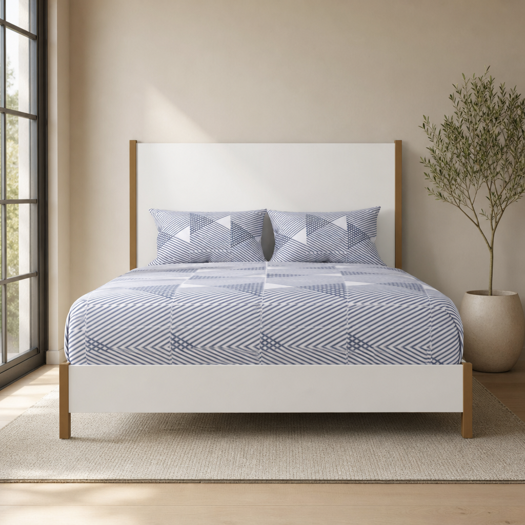 Madelyn Upholstered Panel Bed, Neutral White centered in a warm neutral furnished room