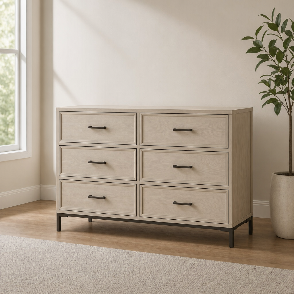 Bradley Dresser, Antique White centered in a warm neutral furnished room