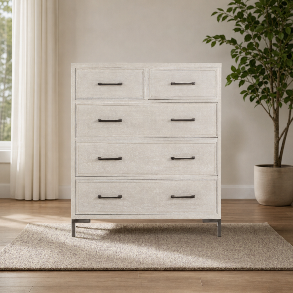 Bradley Chest, Antique White centered in a warm neutral furnished room