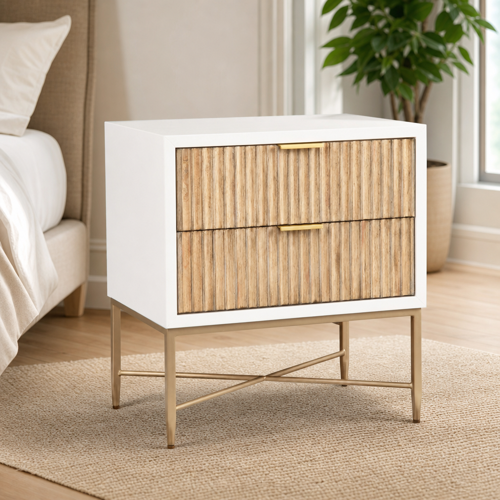 Larsen Nightstand centered in a warm neutral furnished room