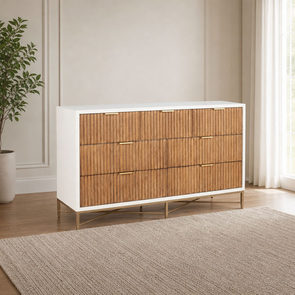 Larsen Dresser centered in a warm neutral furnished room