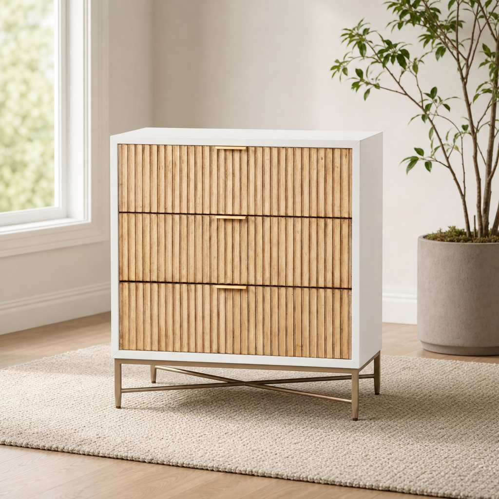 Larsen Small Chest centered in a warm neutral furnished room