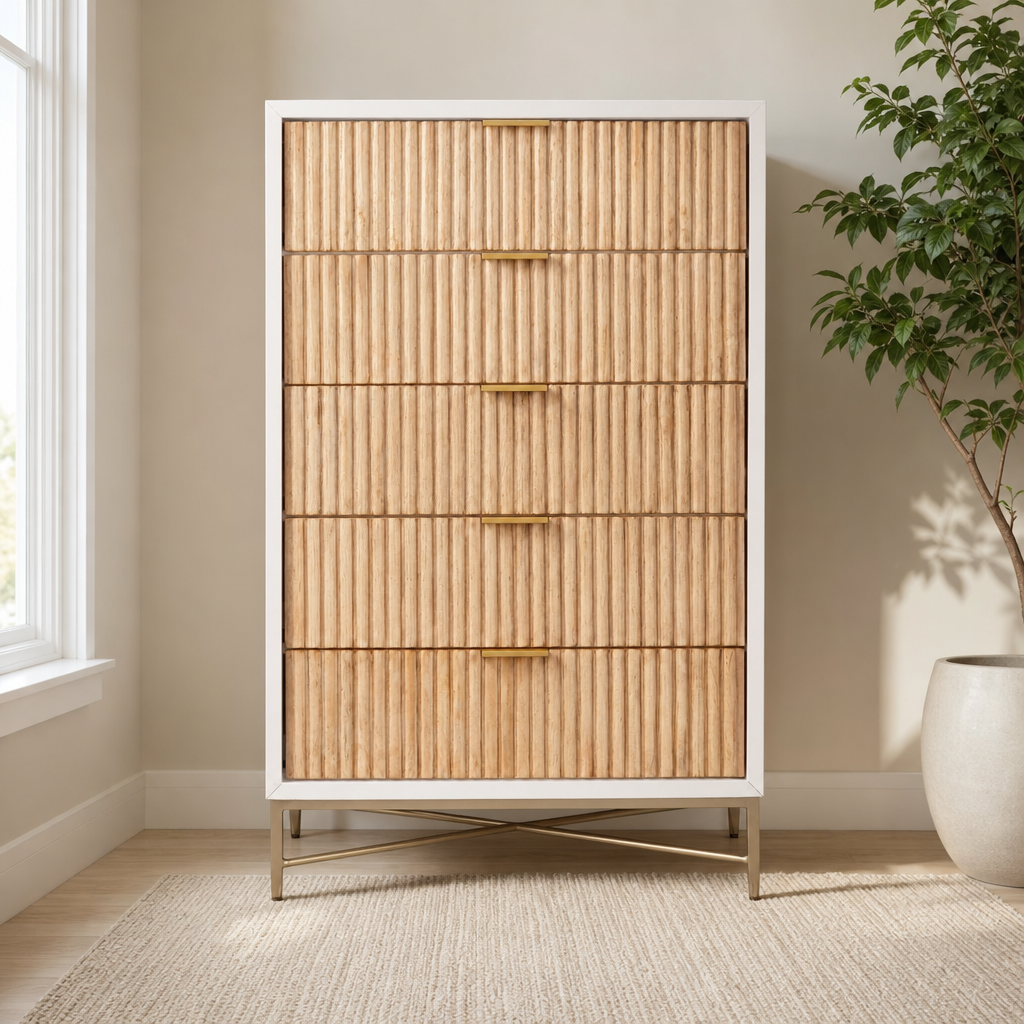 Larsen Chest centered in a warm neutral furnished room