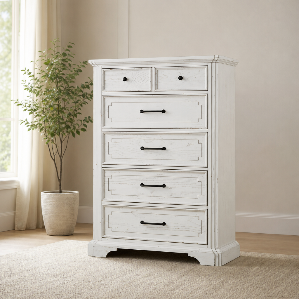 Clara Chest, White Mist centered in a warm neutral furnished room