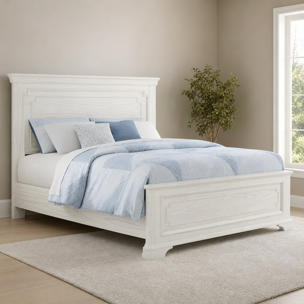Clara California King Panel Bed, White Mist centered in a warm neutral furnished room