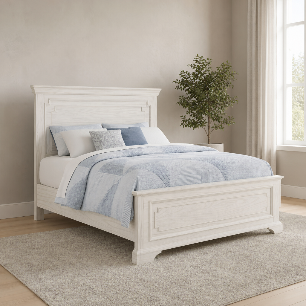 Clara Queen Panel Bed, White Mist centered in a warm neutral furnished room