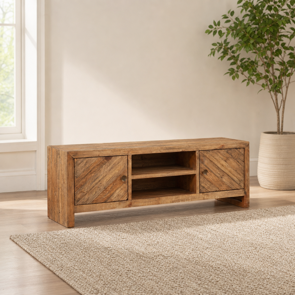 Hayes TV Console, Wheat centered in a warm neutral furnished room