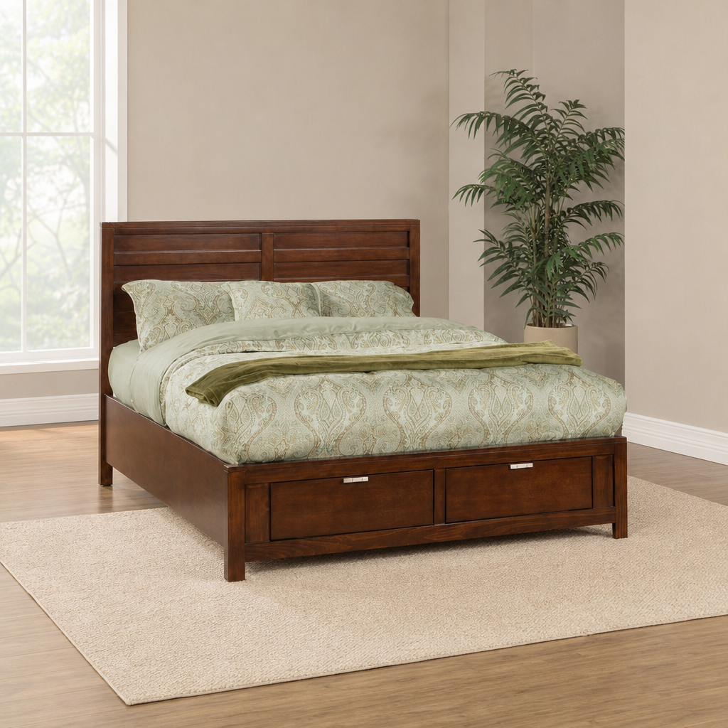Storage Platform Bed with Two Drawers centered in a warm neutral furnished room