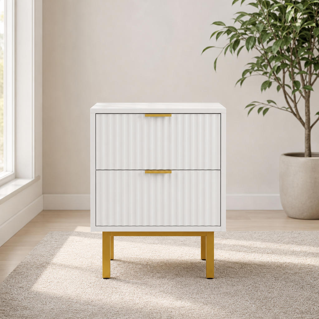 Casey Nightstand, White centered in a warm neutral furnished room