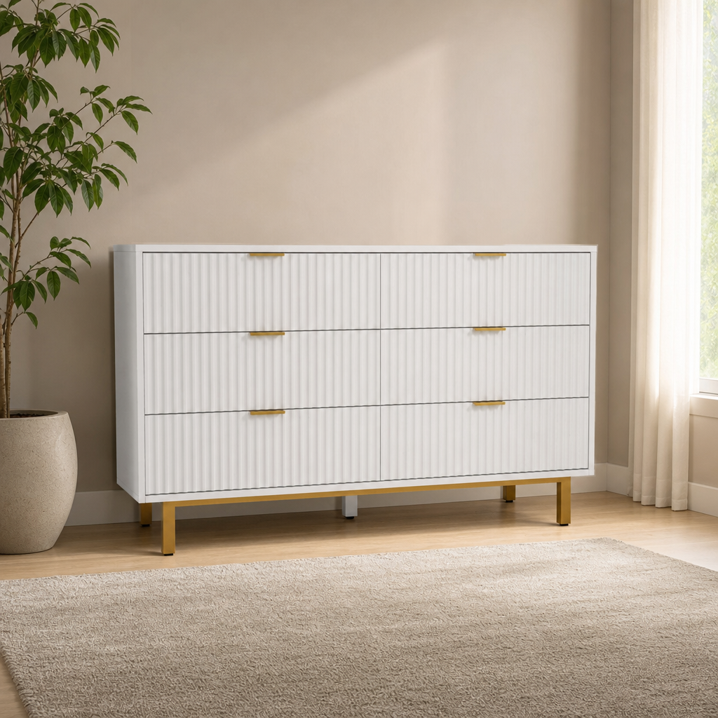 Casey Dresser, White centered in a warm neutral furnished room