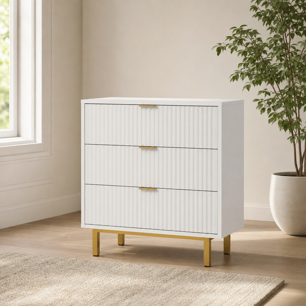 Casey Small Chest, White centered in a warm neutral furnished room