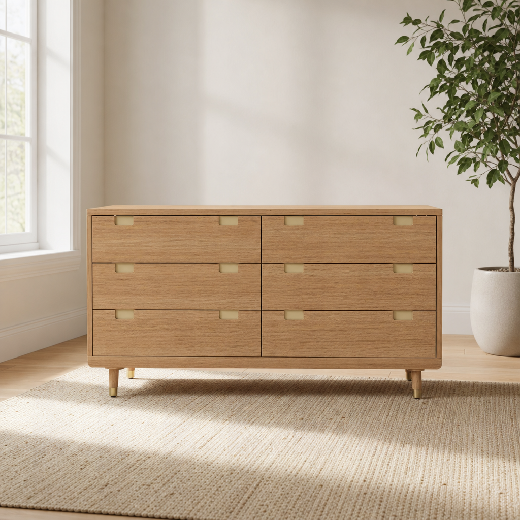 Easton Six Drawer Dresser, Sand centered in a warm neutral furnished room