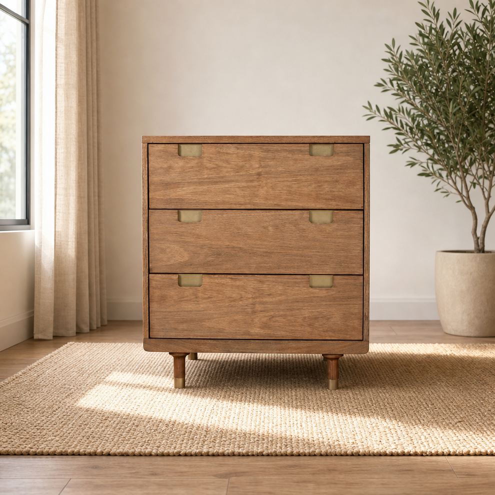 Easton Three Drawer Small Chest, Sand centered in a warm neutral furnished room