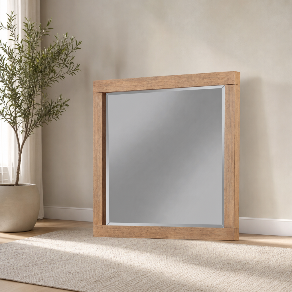 Easton Dresser Mirror, Sand centered in a warm neutral furnished room