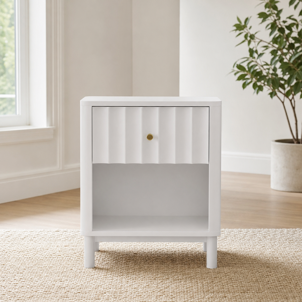Stapleton 1 Drawer Nightstand, White centered in a warm neutral furnished room