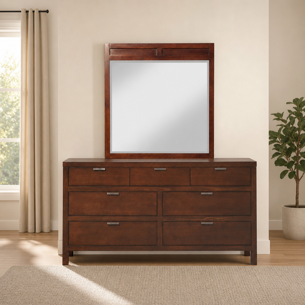 Carmel Dresser Mirror centered in a warm neutral furnished room