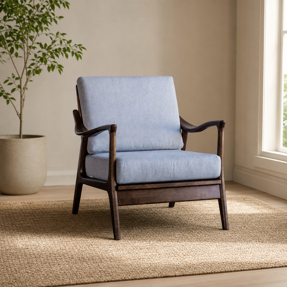 Zephyr Slate Lounge Chair with Removable Cushions centered in a warm neutral furnished room