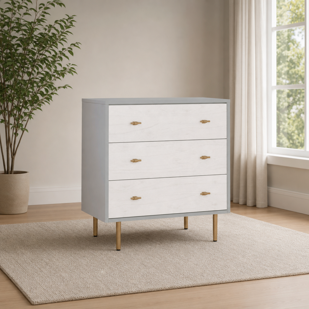 Saige Small Chest, Weathered White/Gray centered in a warm neutral furnished room
