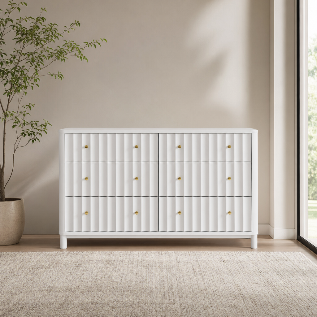 Stapleton 6 Drawer Dresser, White centered in a warm neutral furnished room