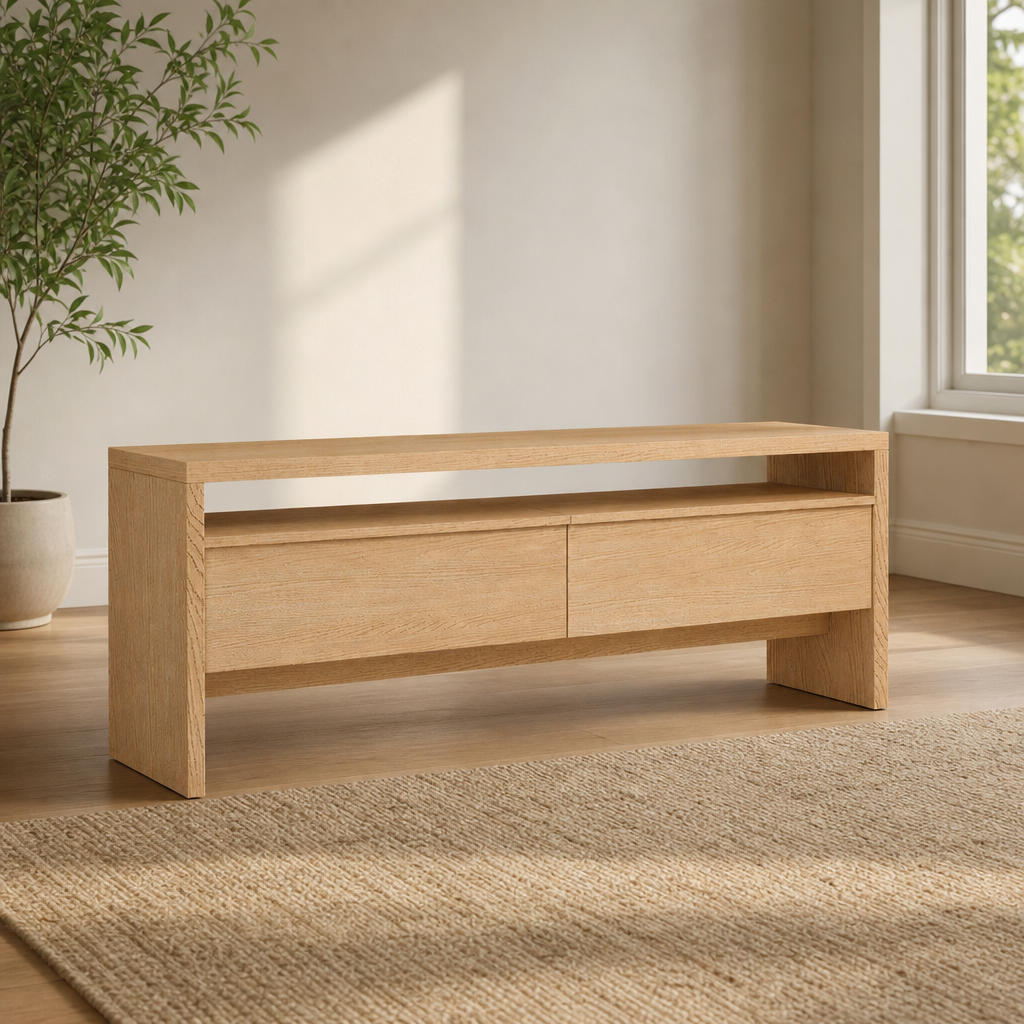 Flo 64" TV Console, Natural centered in a warm neutral furnished room