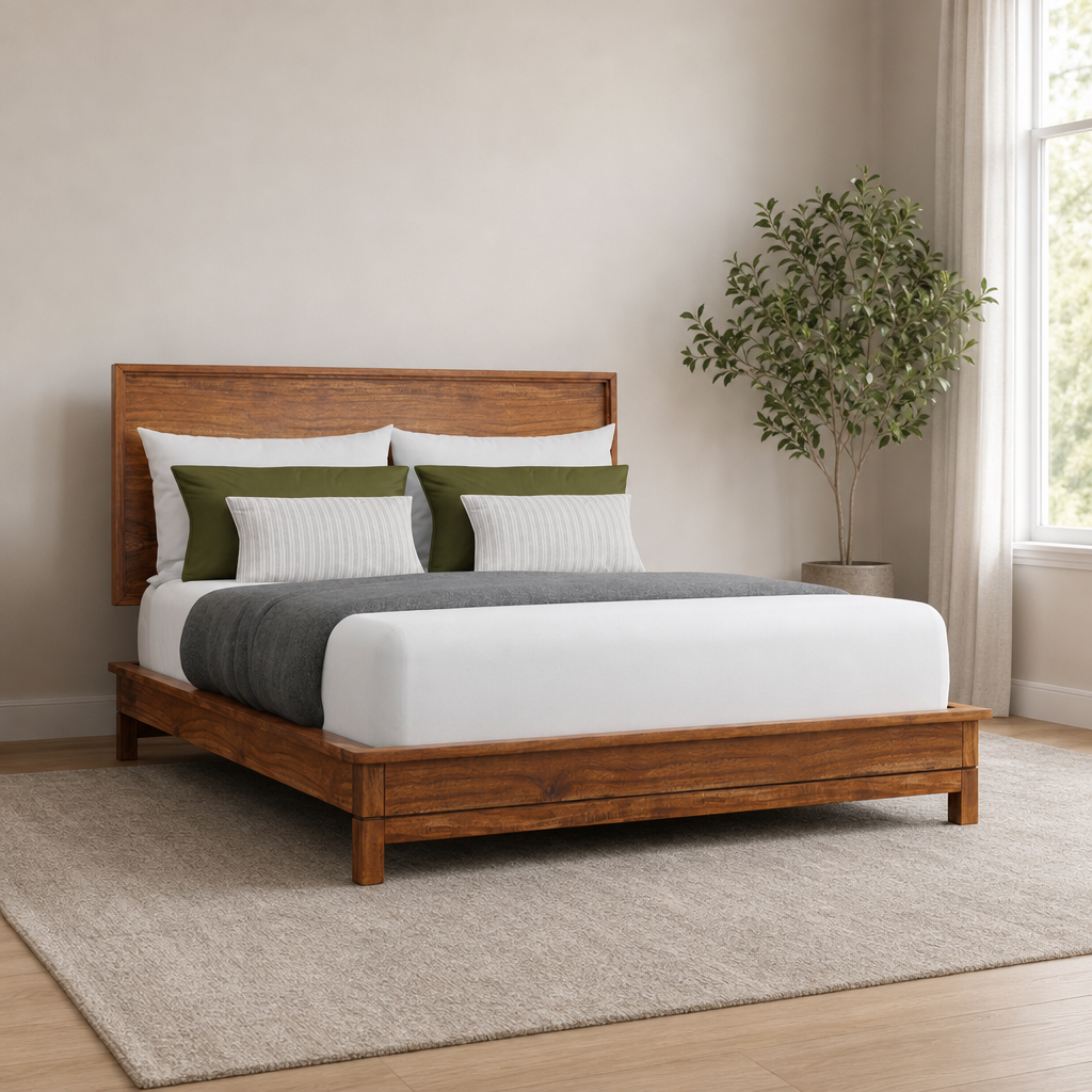 Nova Queen Platform Bed centered in a warm neutral furnished room