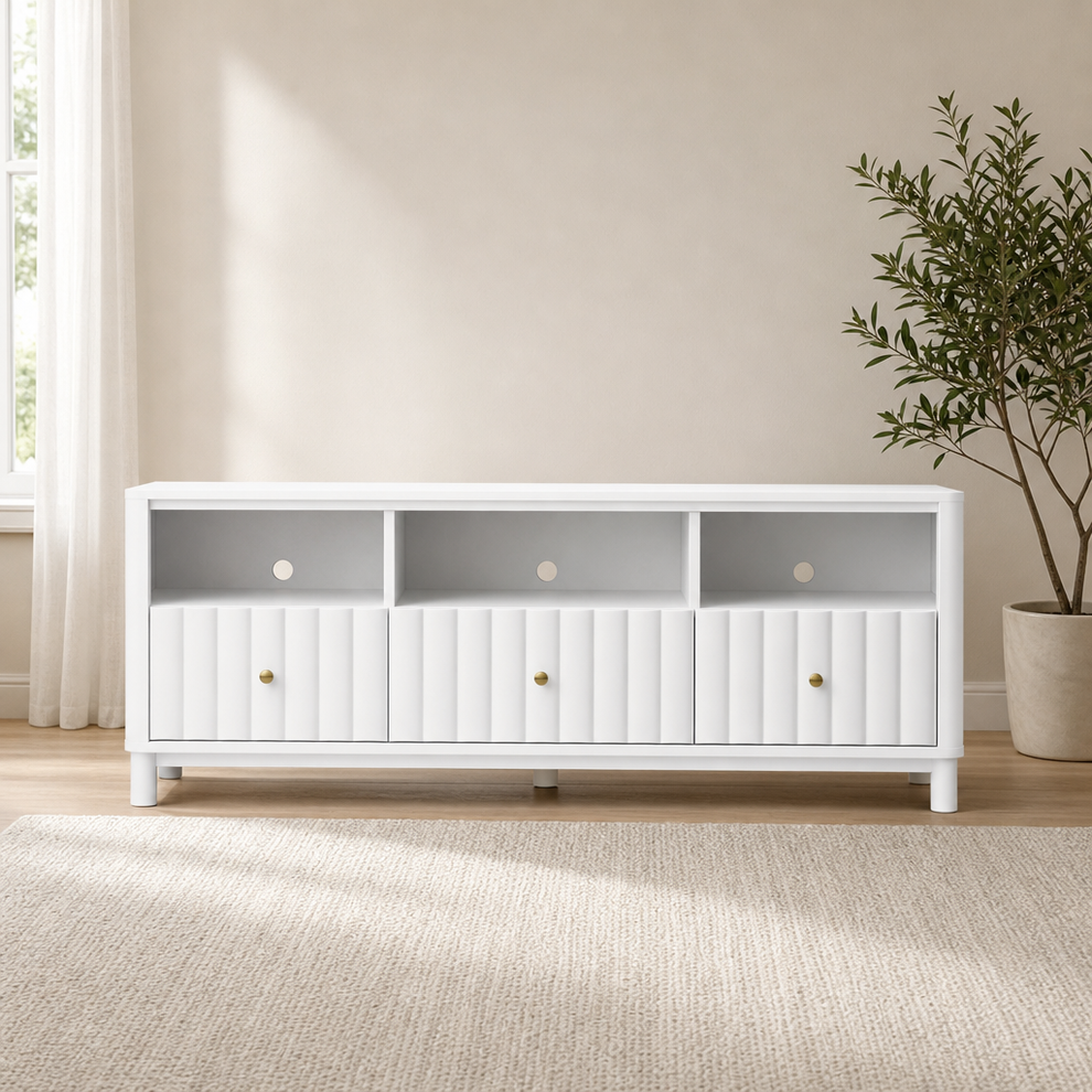 Stapleton TV Console, White centered in a warm neutral furnished room