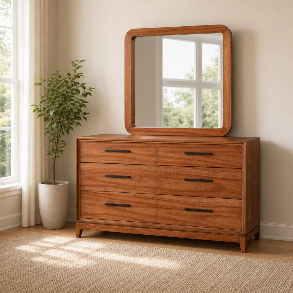 Nova Dresser Mirror centered in a warm neutral furnished room