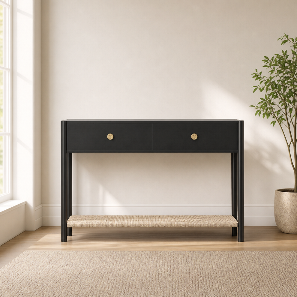 Cleo Console Table centered in a warm neutral furnished room
