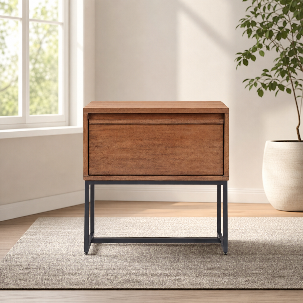 Levi Nightstand, Teak Brown centered in a warm neutral furnished room
