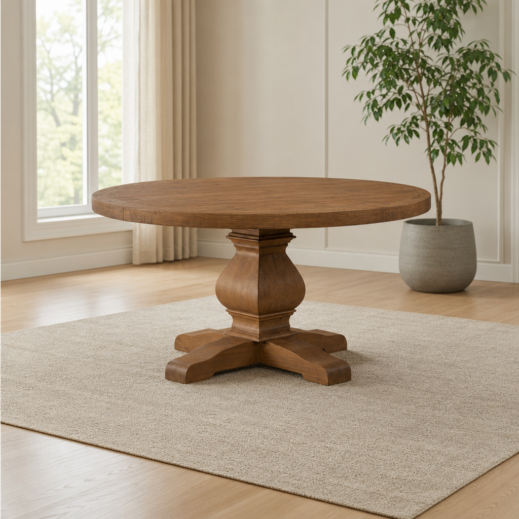 Kensington Round Solid Pine Dining Table centered in a warm neutral furnished room