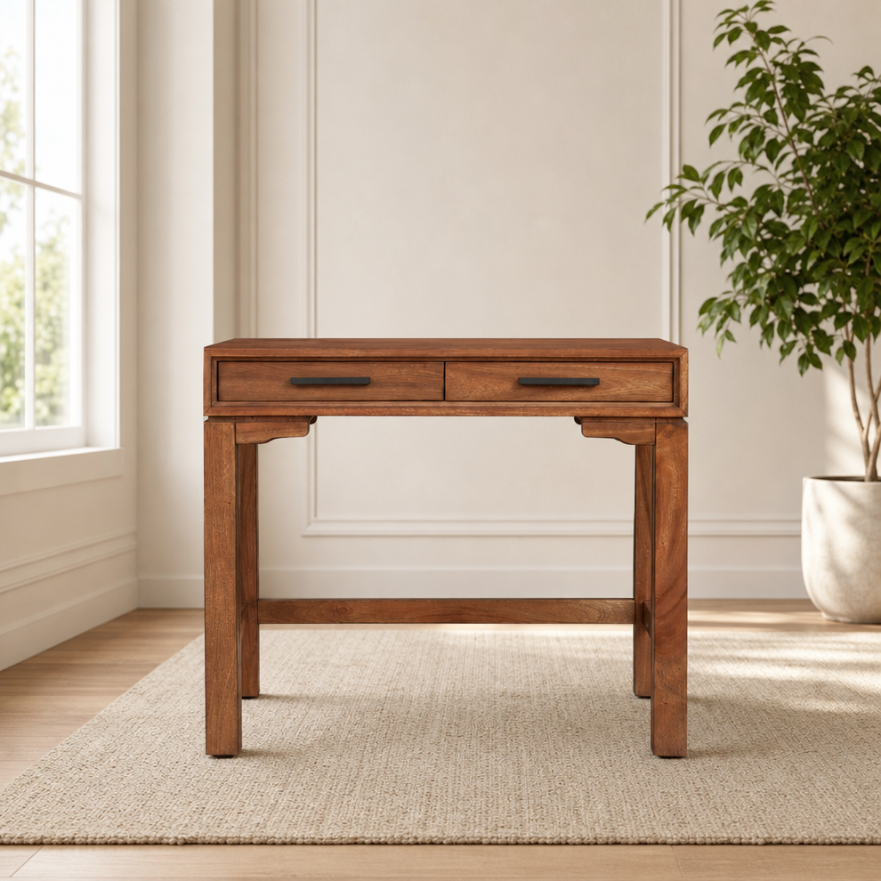 Nova Mini Desk centered in a warm neutral furnished room