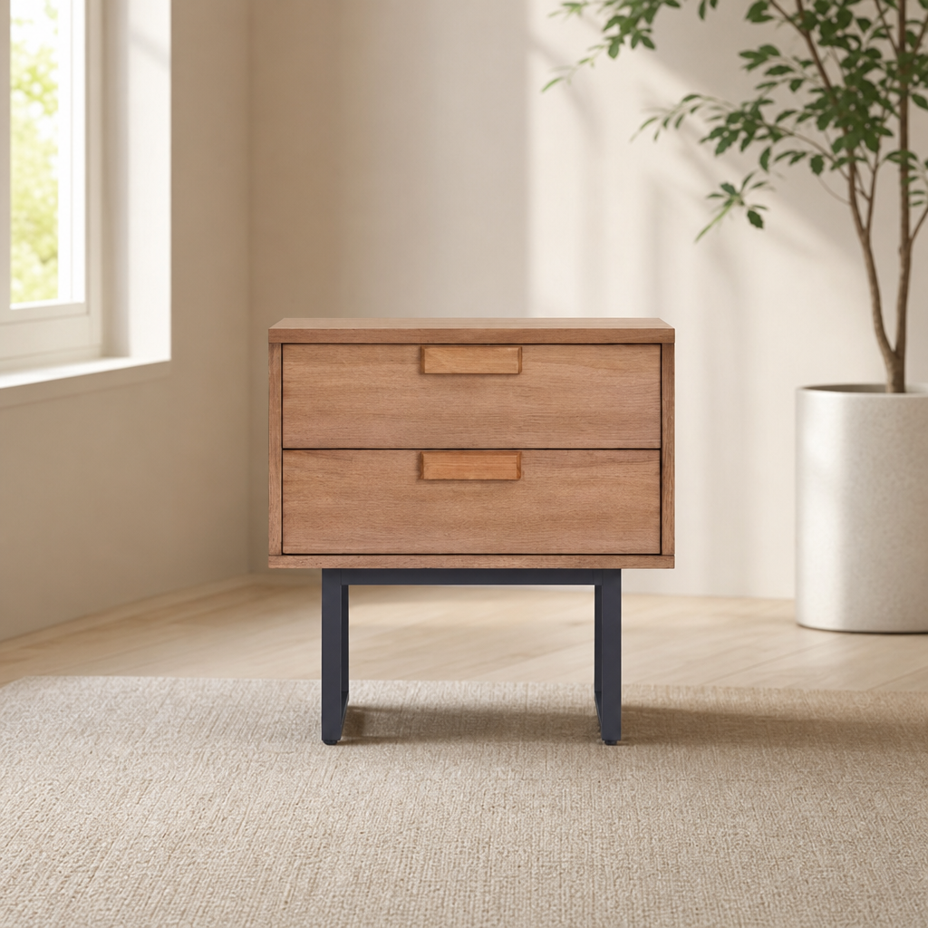 Allison Nightstand, Chestnut centered in a warm neutral furnished room