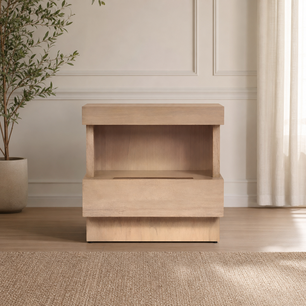 Mona Nightstand, Oak centered in a warm neutral furnished room