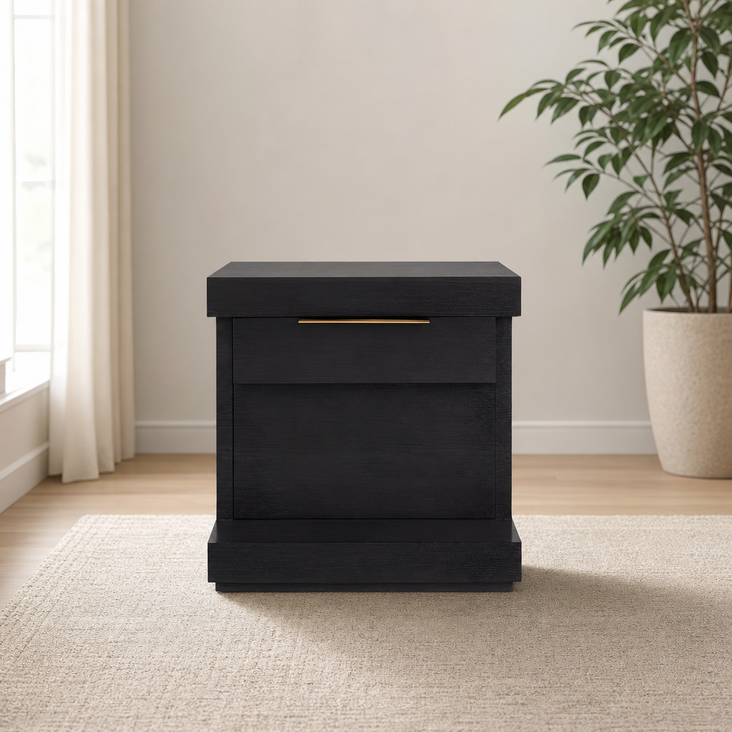 Xavier Nightstand, Black centered in a warm neutral furnished room
