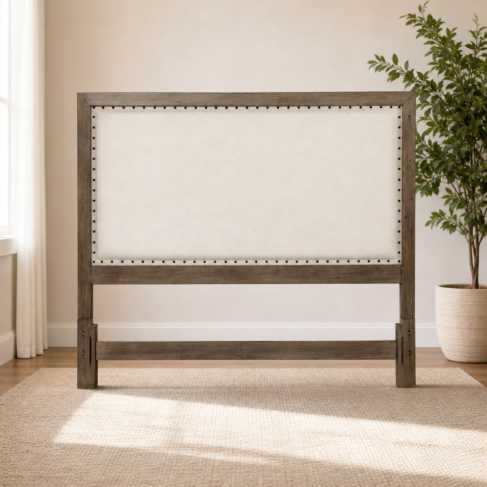 Classic Panel Headboard in Natural Grey with Linen Panels centered in a warm neutral furnished room