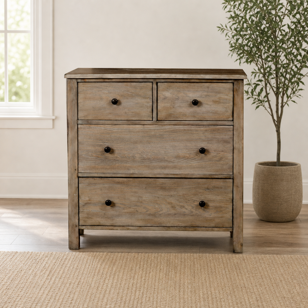 Classic Small Chest, Gray centered in a warm neutral furnished room