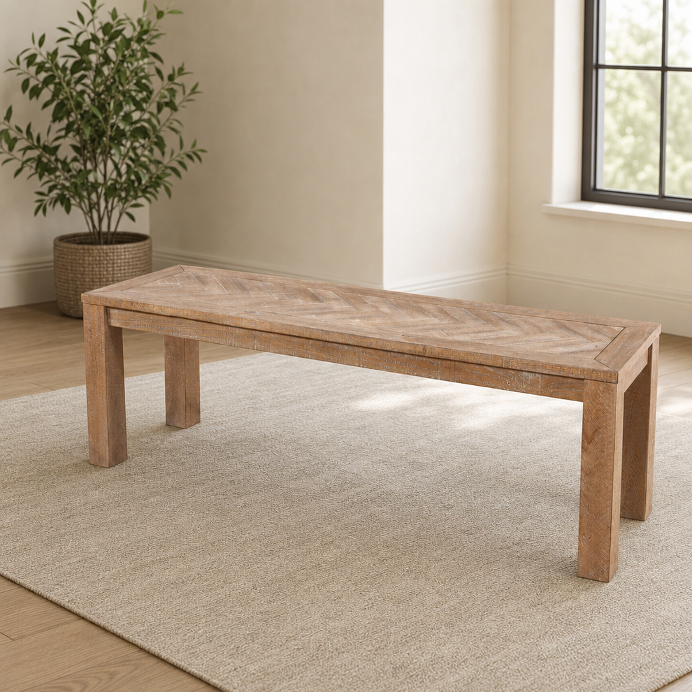 Aiden Dining Bench, Weathered Natural centered in a warm neutral furnished room