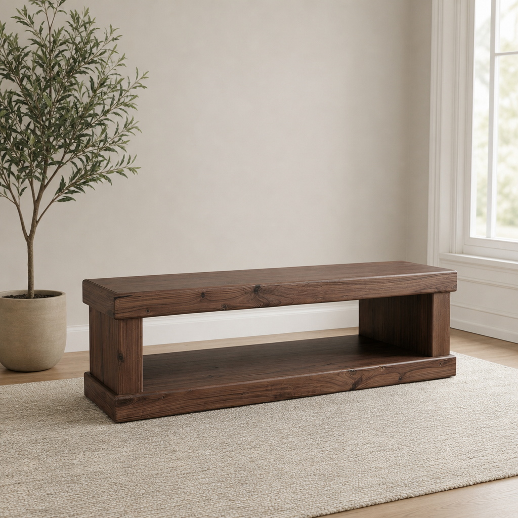 Sequoia Entry Bench, Walnut centered in a warm neutral furnished room
