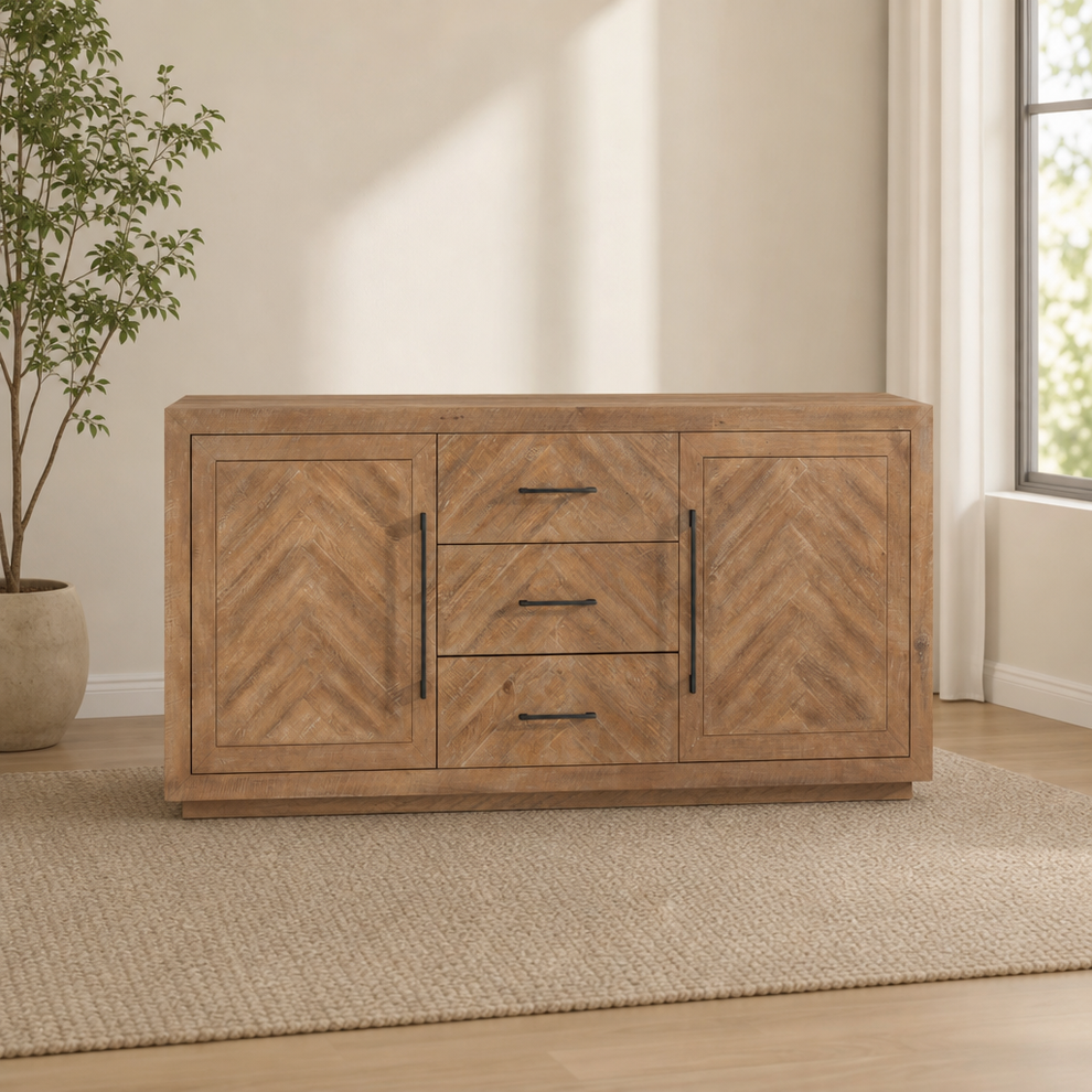 Aiden Sideboard, Weathered Natural centered in a warm neutral furnished room