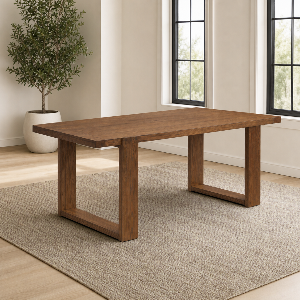 Ayala Dining Table, Antique Cappuccino centered in a warm neutral furnished room