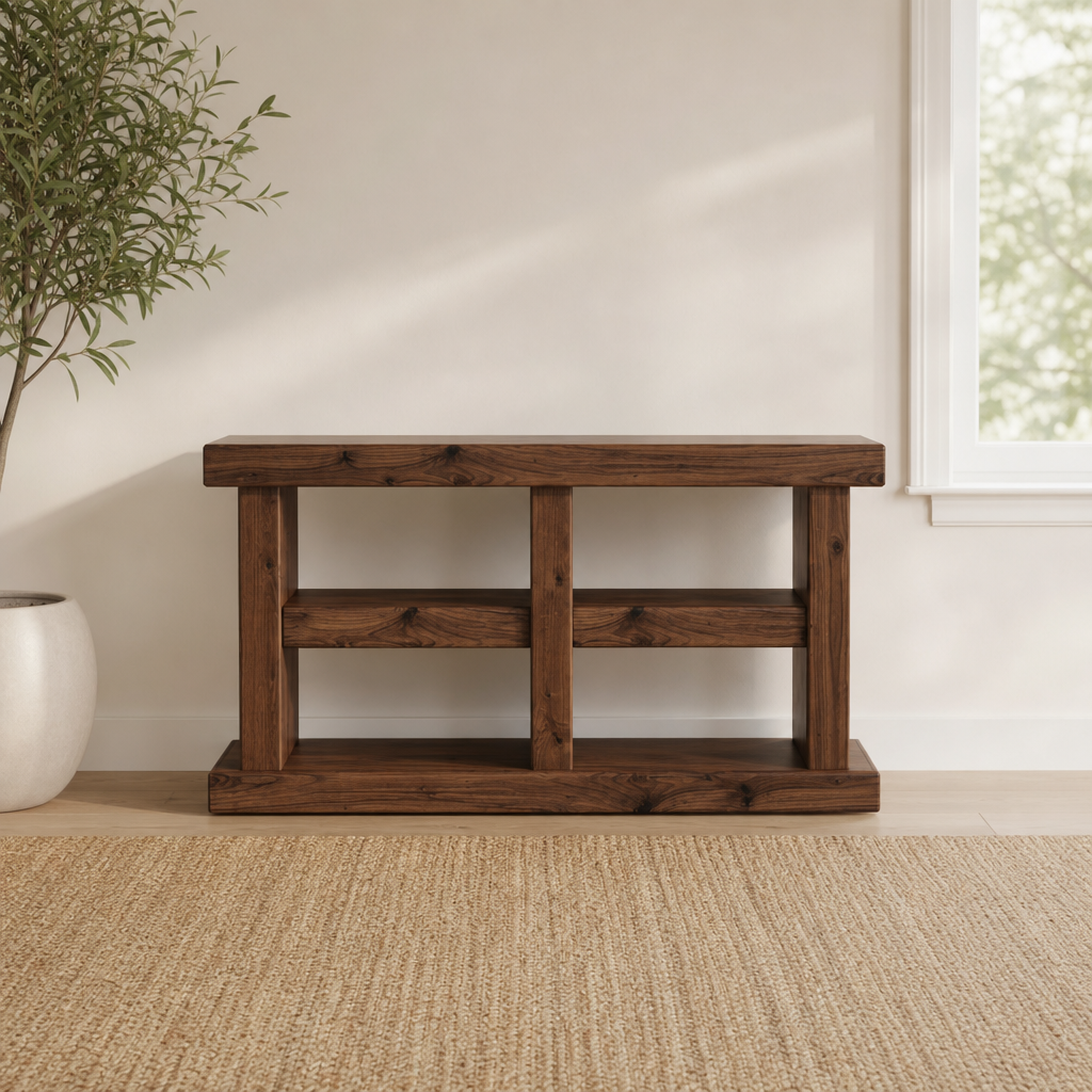 Sequoia 60" Console Table, Walnut centered in a warm neutral furnished room