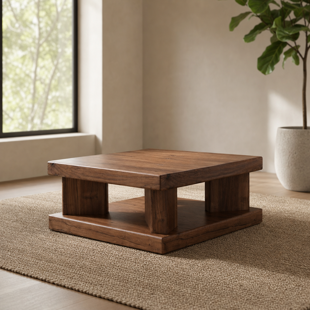 Sequoia Coffee Table, Walnut centered in a warm neutral furnished room