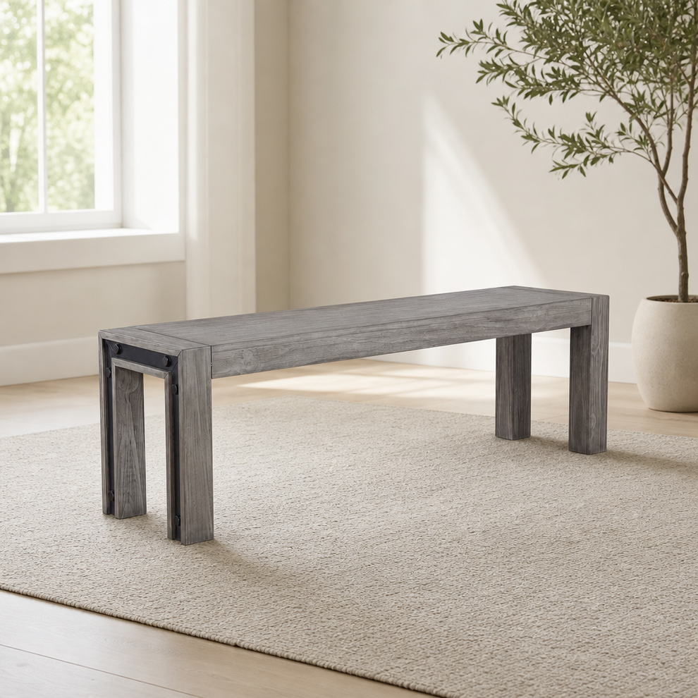 Fallon Bench, Grey & Black centered in a warm neutral furnished room