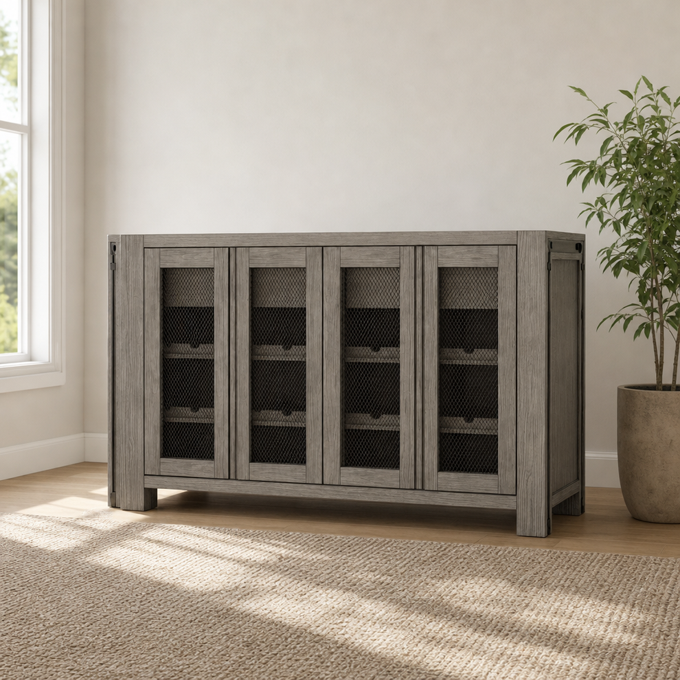 Fallon Sideboard, Grey & Black centered in a warm neutral furnished room